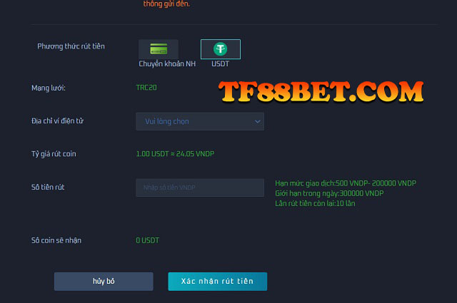 Biểu mẫu rút tiền bằng USDT