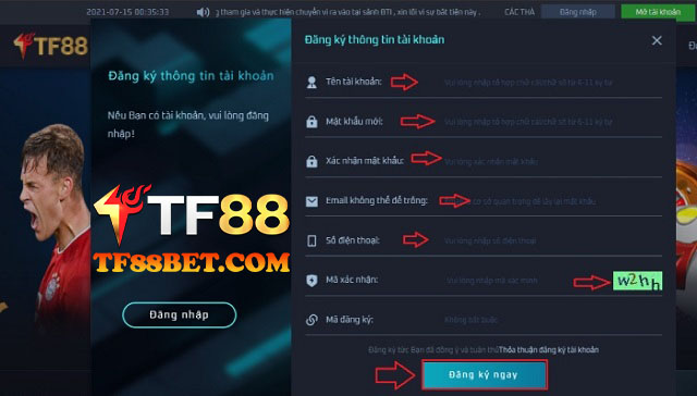 Điền thông tin vào biểu mẫu Đăng ký TF88