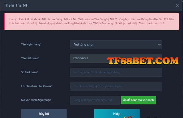 Thêm ngân hàng để rút tiền TF88